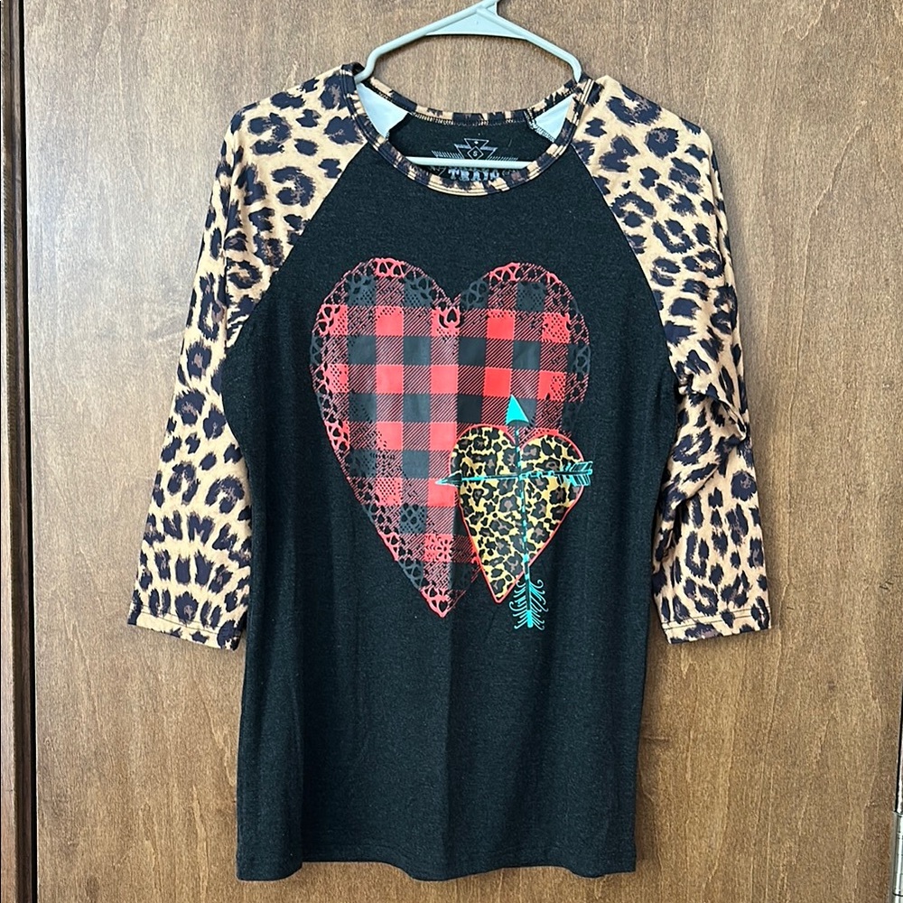 Crazy Train Black and Leopard Print Shirt with Heart Design